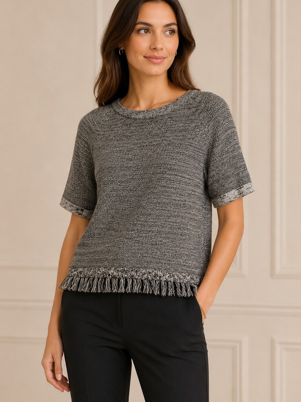 Ann Taylor Black and Gray Short-Sleeve Fringe Knit Top
